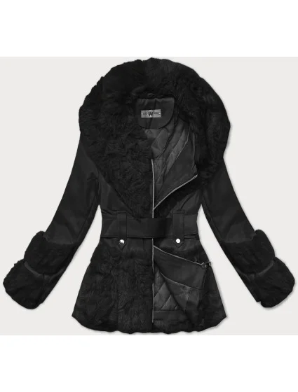 Dámska bunda z ekokože s kožušinovým golierom Way Mode black (OMS-15WD-01)