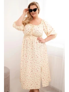 Dámske plus size šaty so šnúrkovým výstrihom a elastickým pásom žlté