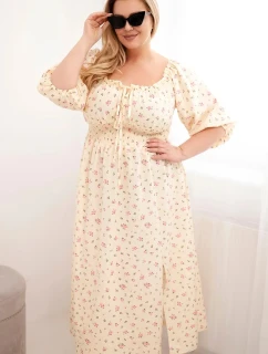 Dámske plus size šaty so šnúrkovým výstrihom a elastickým pásom žlté