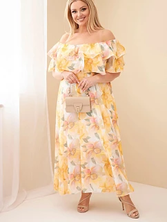 Dámské plus size maxi šaty s volánem typu model 22092404 a s elastickým pasem žlutá - K-Fashion