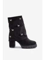 Zdobione Botki Z Wywiniętą Cholewką Na Słupku Czarne Esadora