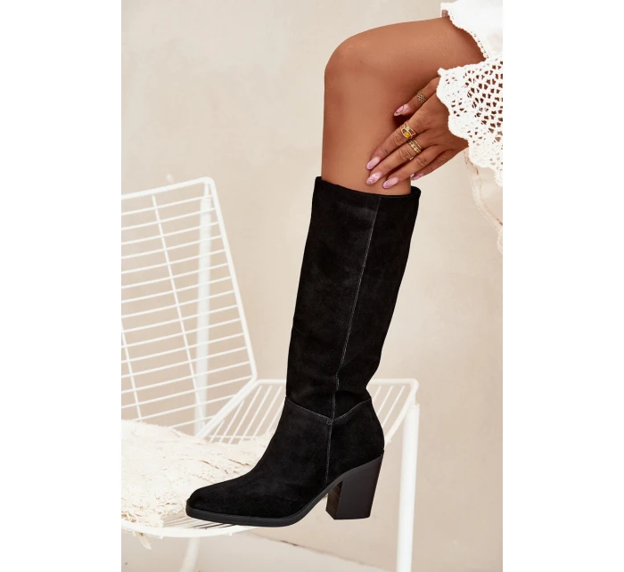 Semišové Kozačky Na Podpatku Se Zipem Černé model 21705064 - Boto