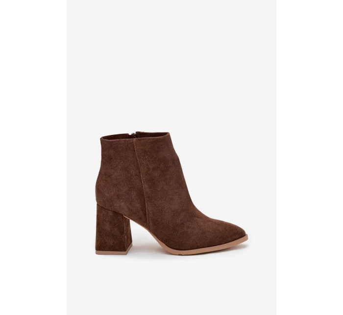 Botki Z Naturalnego Zamszu Obcas Słupek Ocieplane Brązowe Zazoo 3128
