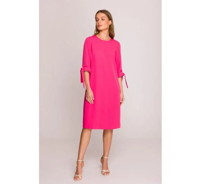 S393 Šaty áčkového strihu so zaväzovacími rukávmi - ružové
