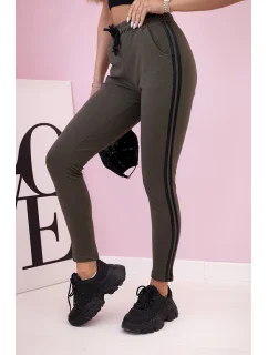 Dámské tepláky s lampasy a vázáním v pase khaki