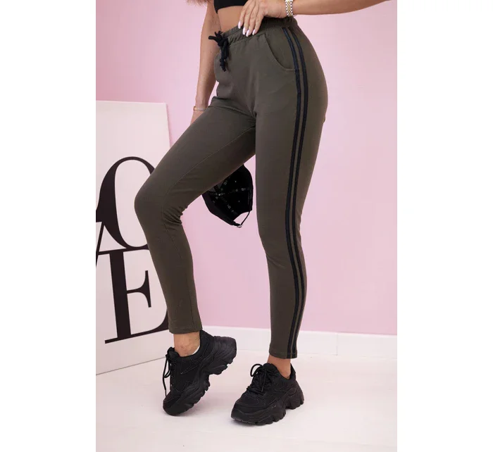 Dámské tepláky s lampasy a vázáním v pase khaki