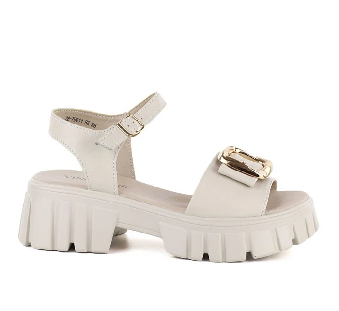 Dámské kožené sandály na platformě se zdobením béžové barvy model 22116387 - VINCEZA