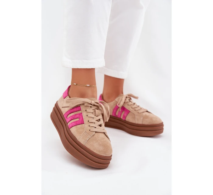 Sneakersy Damskie Na Platformie Z Naturalnego Zamszu Beżowo-Różowe Eldira