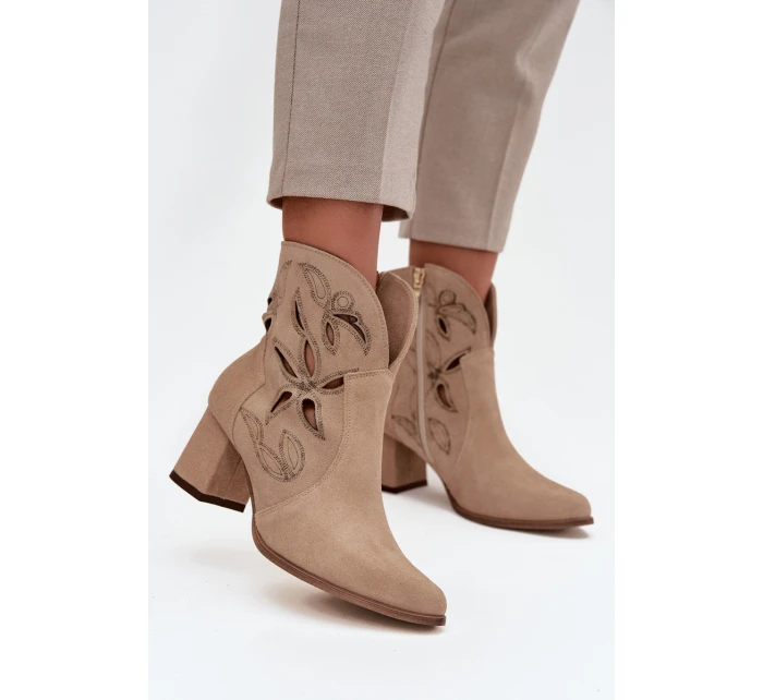 Zamszowe Ażurowe Botki Damskie Na Słupku Zazoo 3647 Beżowe