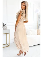 Béžové dámské plisované šifonové midi šaty s výstřihem a volánky model 20171428 - numoco basic Béžové dámské plisované šifonové midi šaty s výstřihem a volánky model 20171428 - numoco basic