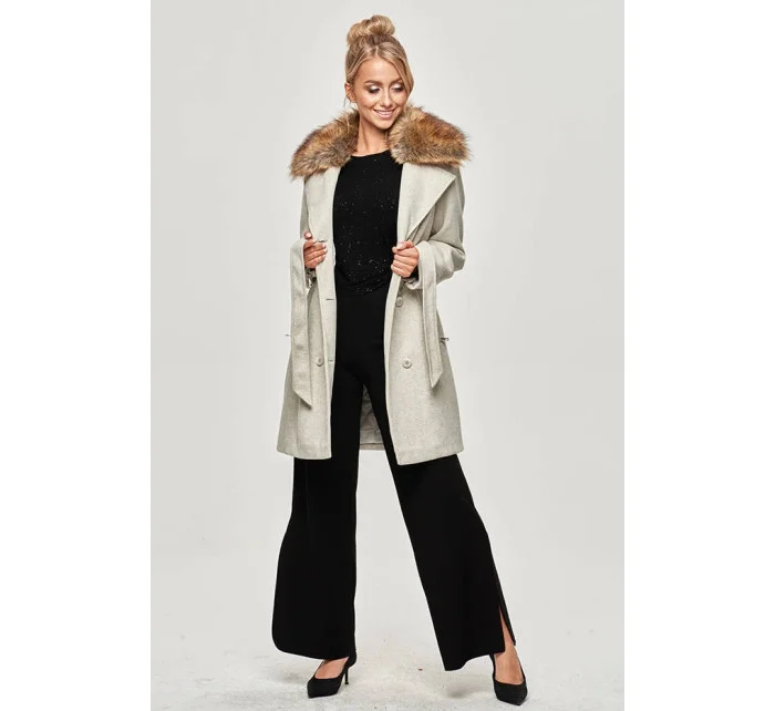 Šedý dámsky kabát s kožušinou (JC241)