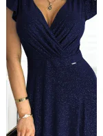 CRYSTAL Tmavě modré lesklé dlouhé dámské šaty s výstřihem model 18266603 - numoco CRYSTAL Tmavě modré lesklé dlouhé dámské šaty s výstřihem model 18266603 - numoco