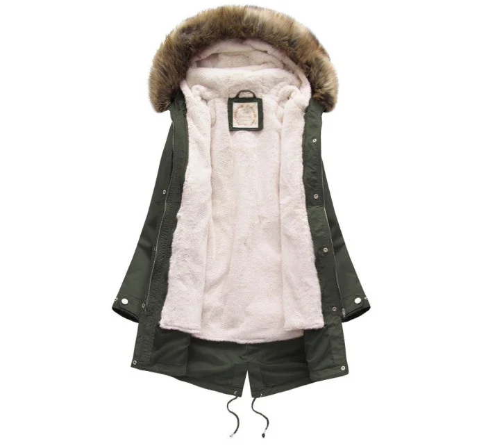 Dámská zimní bunda parka v army barvě s kapucí a odepínací kožešinovou podšívkou model 21242121 - Libland