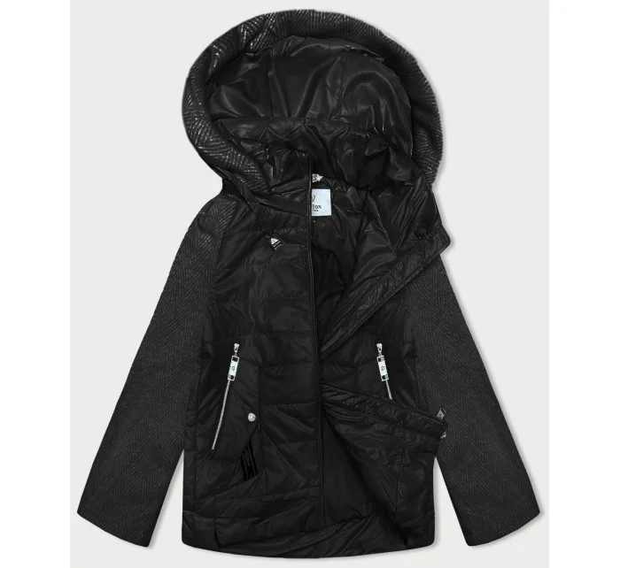 Čierna melanžová krátka dámska voľná bunda s melanžovými rukávmi Vaston (F-23962#)