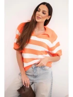 Dámsky pruhovaný sveter s golierom a krátkymi rukávmi oranžový