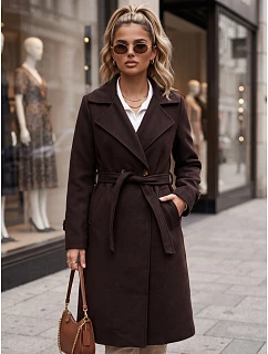 Dlhý dámsky kabát s dvoma radmi gombíkov a opaskom, čokoládovo hnedý, FashionStreet NY0804