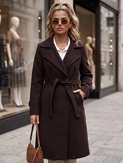 Dlhý dámsky kabát s dvoma radmi gombíkov a opaskom, čokoládovo hnedý, FashionStreet NY0804
