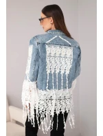 Dámska džínsová bunda z bavlny s čipkou a strapcami tmavý denim