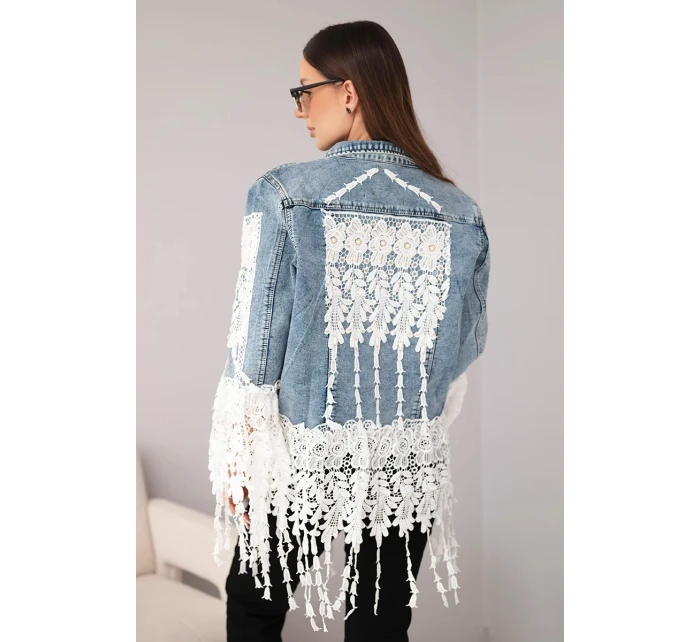 Dámska džínsová bunda z bavlny s čipkou a strapcami tmavý denim