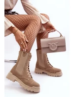 Zamszowe Damskie Botki Workery Sznurowane Beżowe Nicole 2836