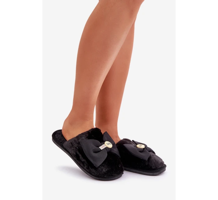 Kapcie Damskie Z Futerkiem I Kokardą Czarne Olfedi