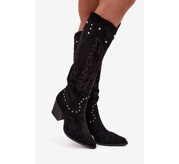 Damskie Kozaki Kowbojki Ze Zdobieniem Na Słupku Czarne Darella Damskie Kozaki Kowbojki Ze Zdobieniem Na Słupku Czarne Darella