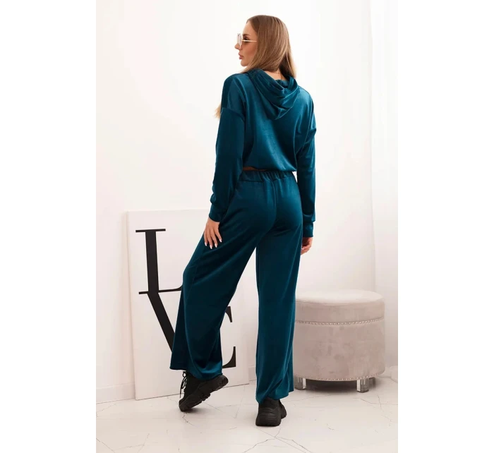 Dámský komplet z veluru se širokými nohavicemi a mikinou s kapucí mořská Dámský komplet z veluru se širokými nohavicemi a mikinou s kapucí mořská