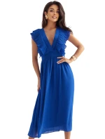 367-3 YANA Midi šaty so skladanými volánmi a výstrihom - chrpová