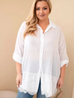 Dámske bavlnené tričko s čipkovým lemovaním v bielej farbe Plus Size