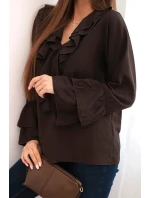 Dámska viskózna blúzka s volánmi a dlhými rukávmi hnedá Dámska viskózna blúzka s volánmi a dlhými rukávmi hnedá
