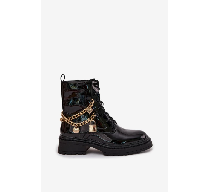 Lakované Botky Worker Se Zlatým Zateplené Černé model 21706803 - Boto