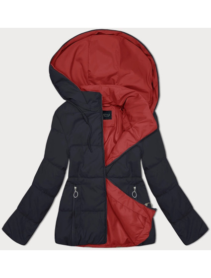 Tmavomodro-červená obojstranná dámska krátka bunda s kapucňou (16M2153-215)