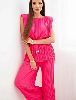 Dámska plisovaná súprava z viskózy s blúzkou na zaväzovanie a širokými nohavicami ružovej farby