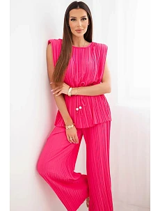 Dámska plisovaná súprava z viskózy s blúzkou na zaväzovanie a širokými nohavicami ružovej farby