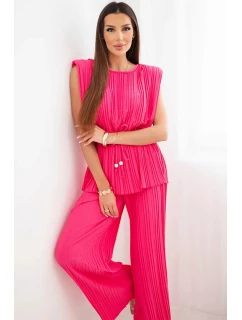Dámska plisovaná súprava z viskózy s blúzkou na zaväzovanie a širokými nohavicami ružovej farby