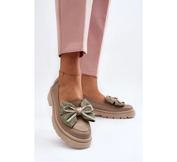 Damskie Skórzane Mokasyny Z Kokardą Laura Messi 2787 Beżowe