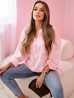 Dámska ľanová blúzka s kvetinovým vzorom, dlhými rukávmi a gombíkmi Sugar pink