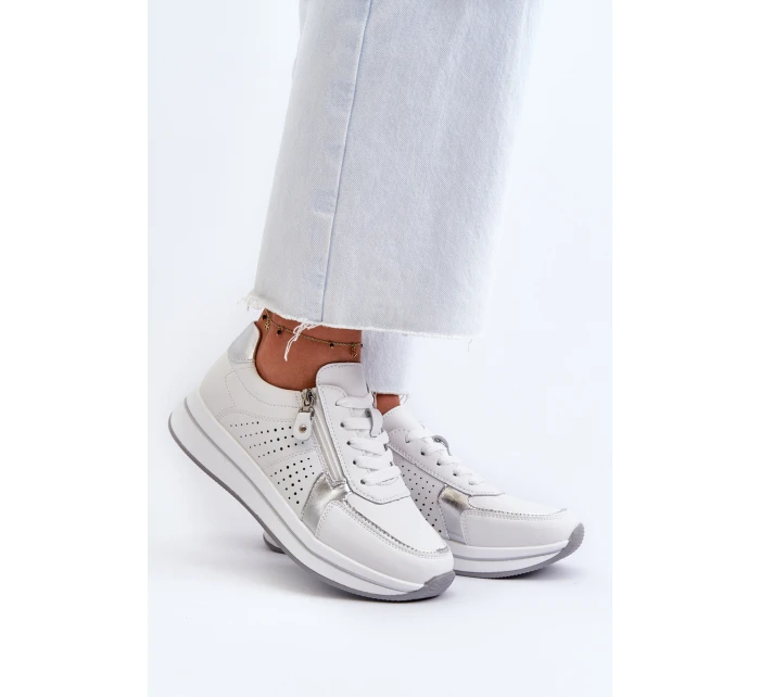 Damskie Skórzane Sneakersy Na Platformie Białe Ligustra