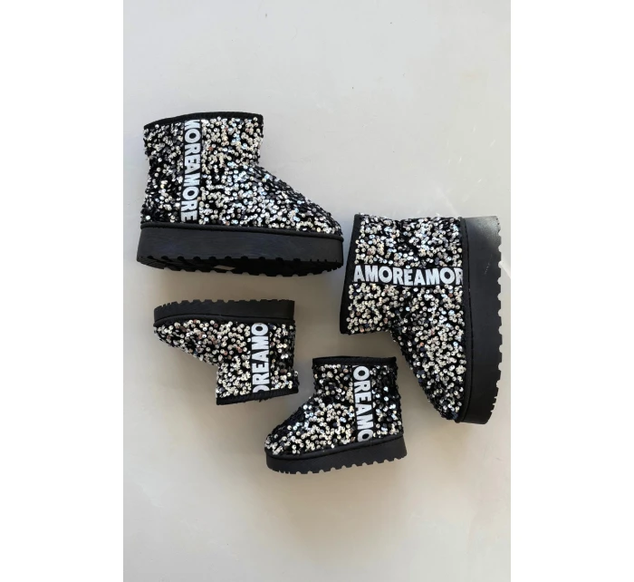 Dziecięce Śniegowce Botki Ocieplane Z Cekinami Czarno-Srebrne Rebbica