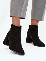 Botki Z Naturalnego Zamszu Obcas Słupek Ocieplane Czarne Zazoo 3128