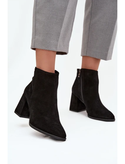 Botki Z Naturalnego Zamszu Obcas Słupek Ocieplane Czarne Zazoo 3128