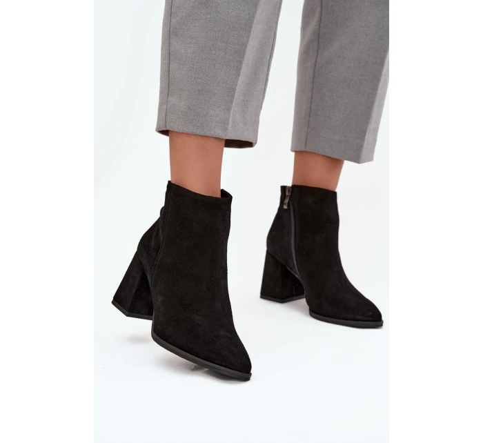 Botki Z Naturalnego Zamszu Obcas Słupek Ocieplane Czarne Zazoo 3128