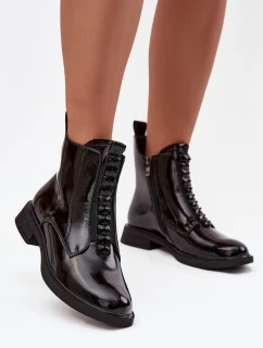 Lakované dámské kozačky z přírodní kůže model 21713802 Černé - D&A