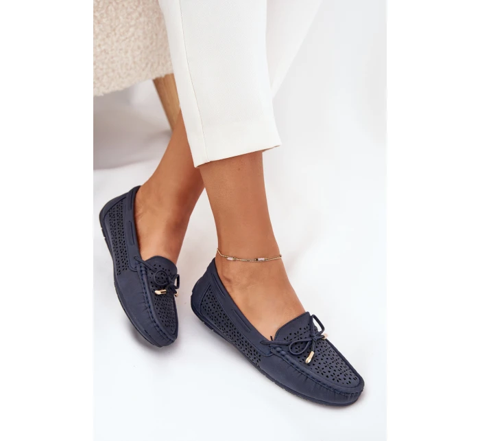 Mokasyny Damskie Z Ażurowym Wzorem I Wiązaniem Granatowe Mirisa