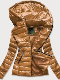Krátká prošívaná dámská bunda v hořčicové barvě s kapucí (CAN-333)