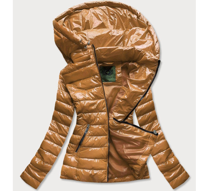 Krátka prešívaná dámska bunda v horčicovej farbe s kapucňou (CAN-333)