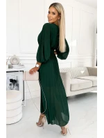 414-1 KLARA plisované šaty s opaskom a výstrihom - BOTTLE GREEN 414-1 KLARA plisované šaty s opaskom a výstrihom - BOTTLE GREEN