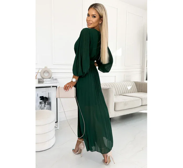 414-1 KLARA plisované šaty s opaskom a výstrihom - BOTTLE GREEN 414-1 KLARA plisované šaty s opaskom a výstrihom - BOTTLE GREEN
