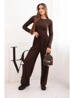 Dámsky viskózový komplet s blúzkou a širokými nohavicami hnedej farby