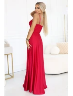 model 22015478 Dlouhé společenské šaty bez ramínek s rozparkem na nohou červené - numoco basic